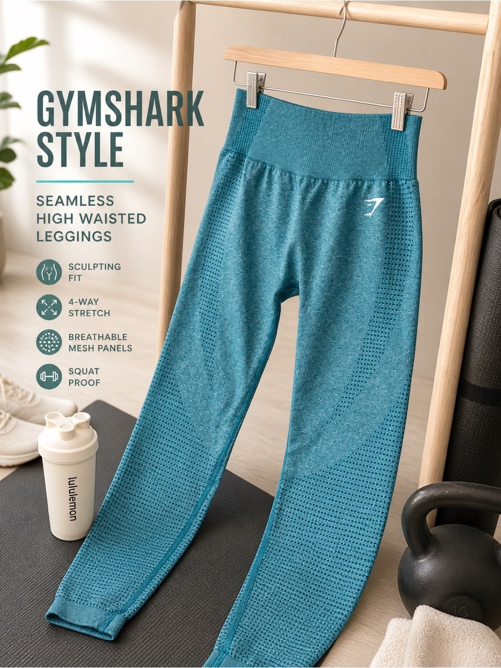 Seamless Teal Leggings High Waisted Cropped Length Mesh Gymshark Style XS Small